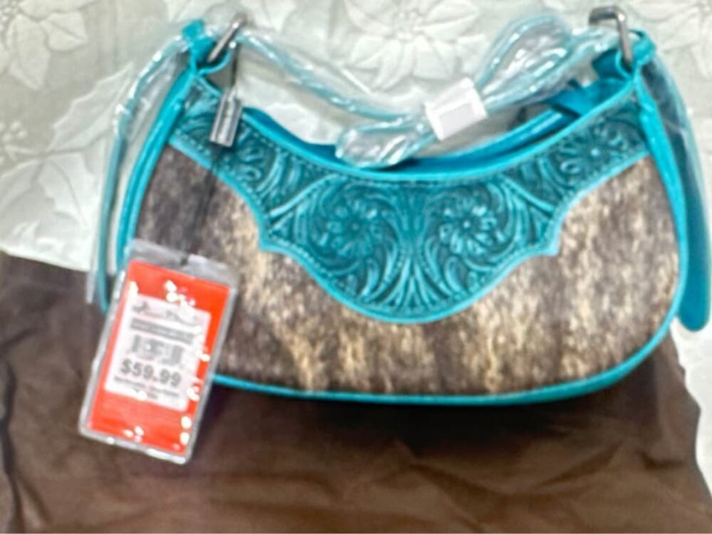 New Turquoise Montana West Tooled Leather / Cowhide Handbag.